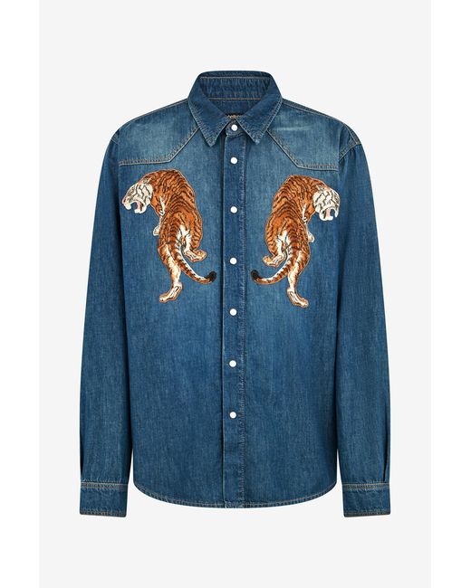 Roberto Cavalli Blue Denim Shirt With Tiger Embroidery for men