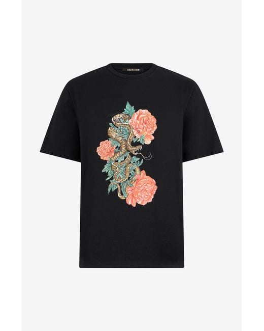 Roberto Cavalli Black T-Shirt With Snake Floral Print for men