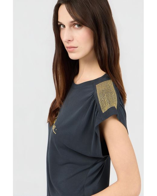 Roberto Cavalli Blue Anthracite T-Shirt With Studded Shoulders