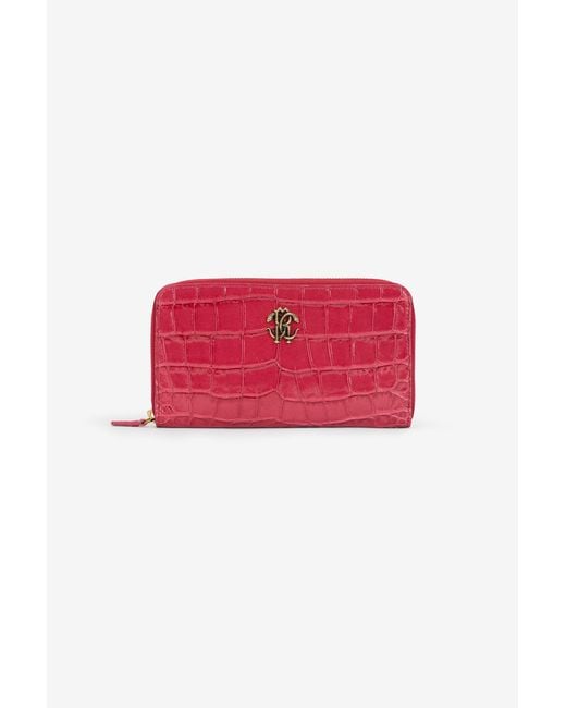 Roberto Cavalli Red Crocodile Effect Zip-Around Wallet