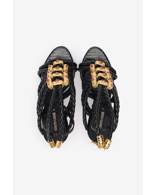 Roberto Cavalli Black Braided Jewelled Cage Sandal