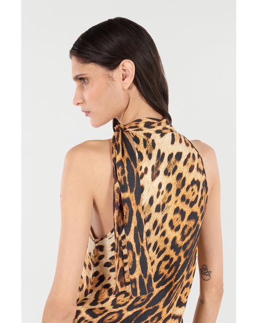 Roberto Cavalli Brown Halterneck Top With Jaguar Skin Print