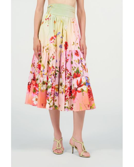 Roberto Cavalli Red Midi Skirt With Miami Flowers Print