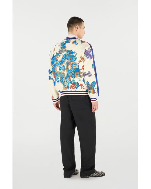 Roberto Cavalli White Bomber Jacket With Dragon, Flowers And Butterflies for men