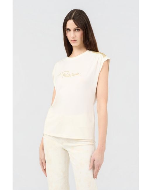 Roberto Cavalli White Ivory T-Shirt With Logo And Embellishments