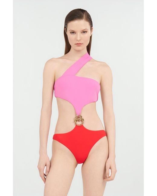 Roberto Cavalli Pink Asymmetrical One-Piece Swimsuit With Jewel Detail