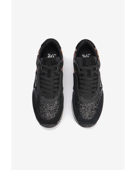 Roberto Cavalli Black Sneakers With Jaguar Skin And Glitter Insert