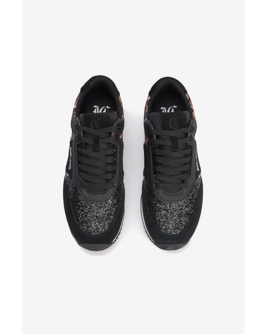 Zapatillas Negras Con Inserto De Piel De Jaguar Y Glitter Roberto Cavalli de color Black