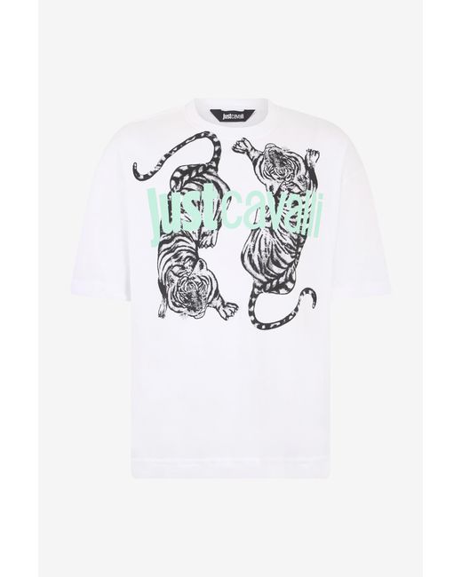 Roberto Cavalli White T-Shirt With Tiger Graphic And Logo for men