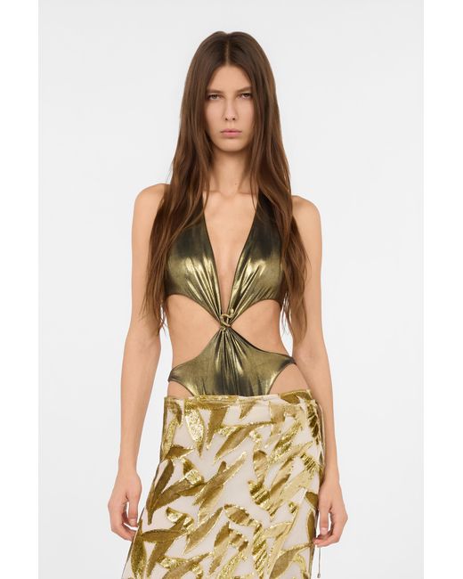 Roberto Cavalli Metallic Golden One-Piece Swimsuit With Snake Detail And Cut-Outs
