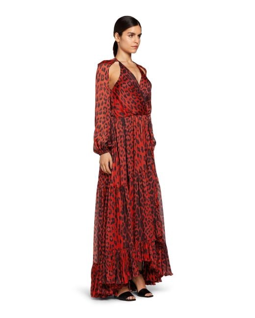 Roberto Cavalli Red Kleid Aus Seide Mit Leopardenmuster Und Cut-Outs