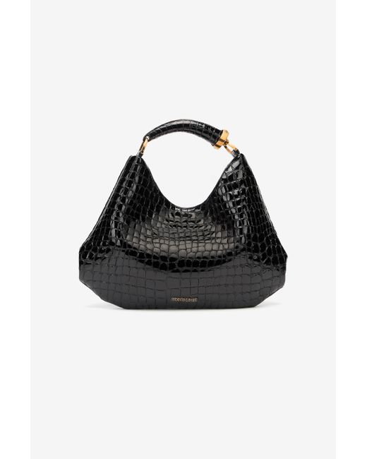 Roberto Cavalli Black Crocodile-Print Hobo Bag
