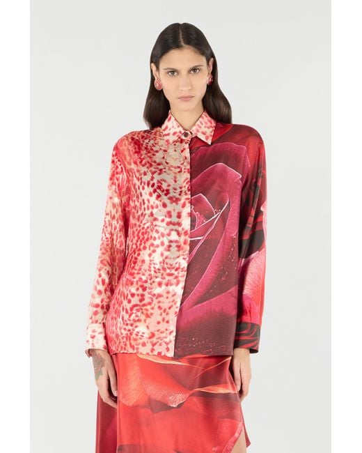 Roberto Cavalli Red Shirt With Jaguar Skin And Rose Print