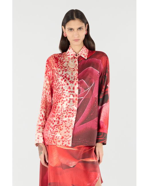 Camicia Con Stampa Jaguar Skin E Rose di Roberto Cavalli in Red