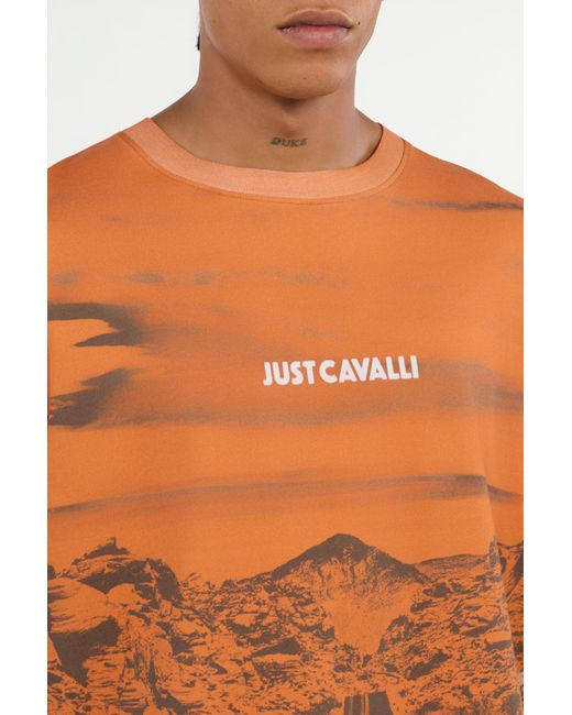 Roberto Cavalli Orange Long Way Print T-Shirt for men