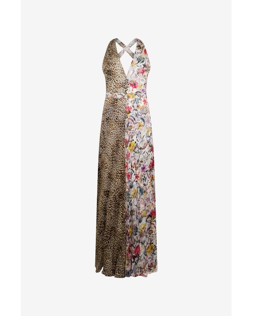 Roberto Cavalli White Long Chiffon Dress With Florentine Flowers Print
