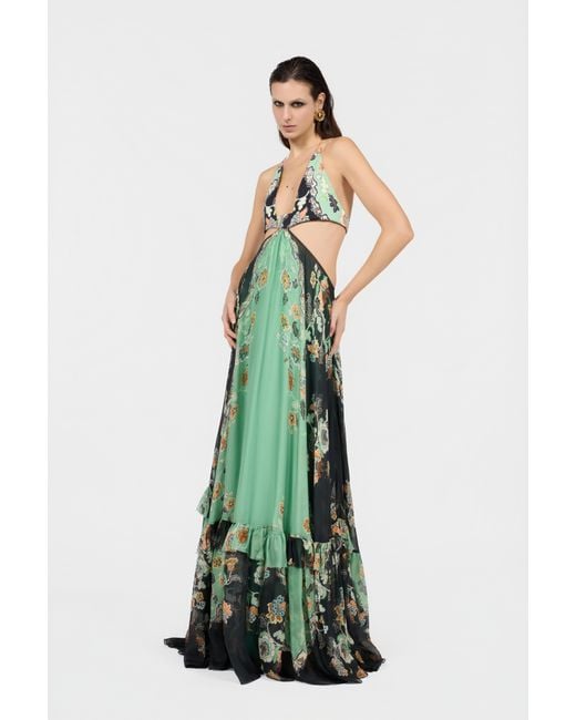 Roberto Cavalli Green Kimono Print Silk Maxi Dress