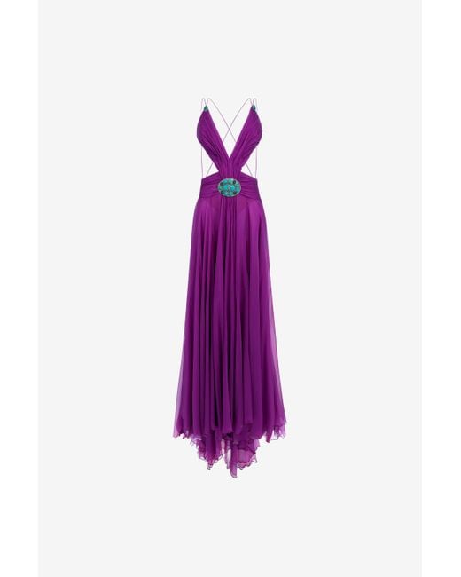 Roberto Cavalli Purple Long Silk Dress With Cut-Out