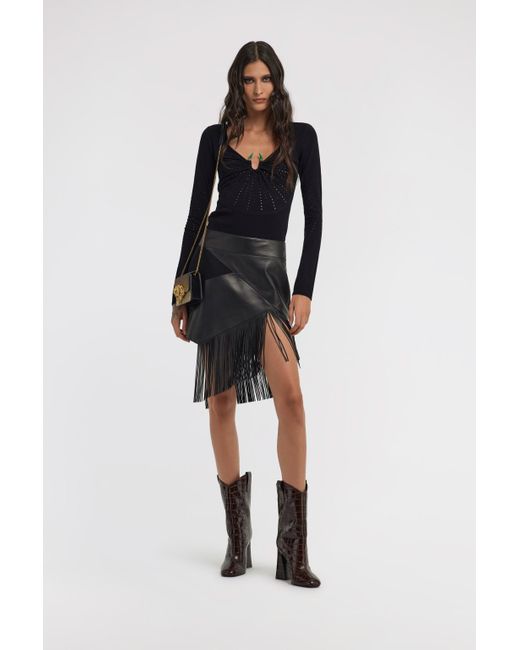 Roberto Cavalli Black Leather Skirt With Fringes
