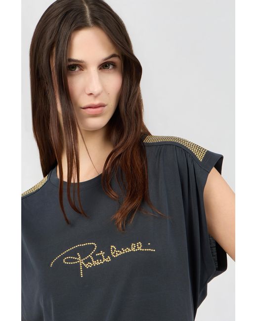 Roberto Cavalli Blue Anthracite T-Shirt With Studded Shoulders