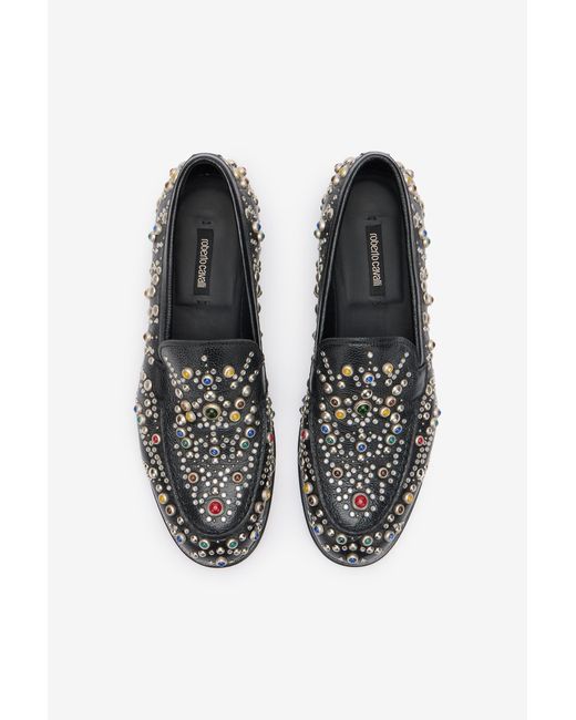 Roberto Cavalli Black Loafers With Studs And Stones for men