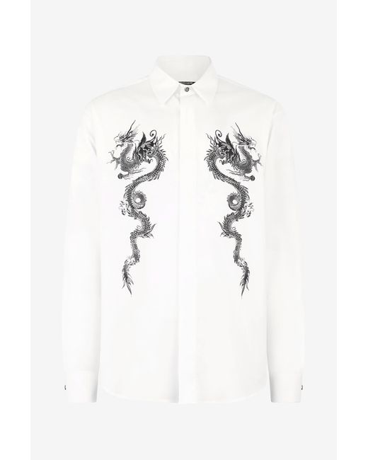 Roberto Cavalli White Cotton Shirt With Dragons for men