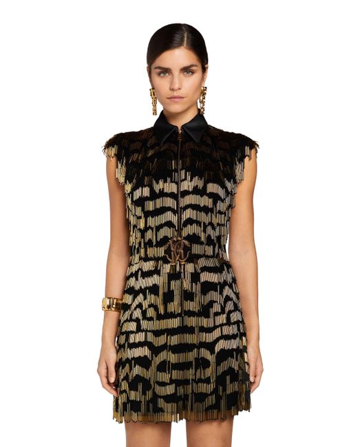 Mini Abito Con Frange E Monogram Mirror Snake di Roberto Cavalli in Black