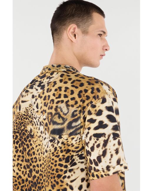 Roberto Cavalli Metallic Cotton T-Shirt With Leopard Print for men