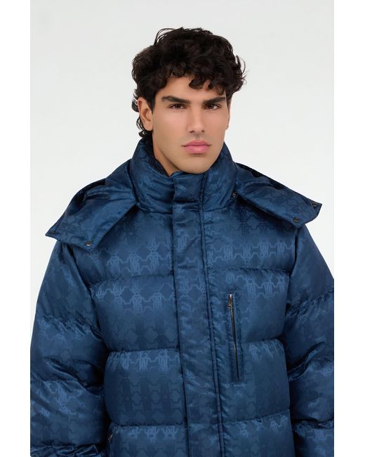 Roberto Cavalli Blue Down Jacket With Rc Monogram All Over for men