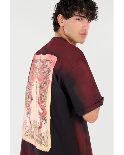 Roberto Cavalli Red Mottled Effect T-Shirt With Dragons And Logo for men