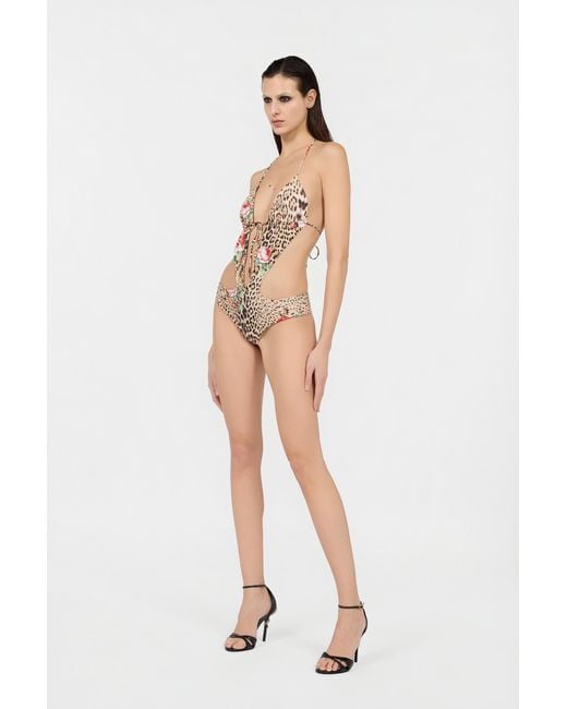 Roberto Cavalli White Jaguar Roses Print One-Piece Swimsuit