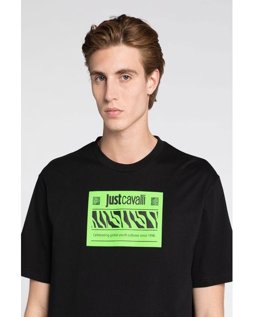 Roberto Cavalli Black Just Cavalli Logo-Print Cotton T-Shirt for men
