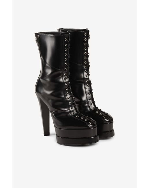 Roberto Cavalli Black Lace-Up Leather Platform Boots