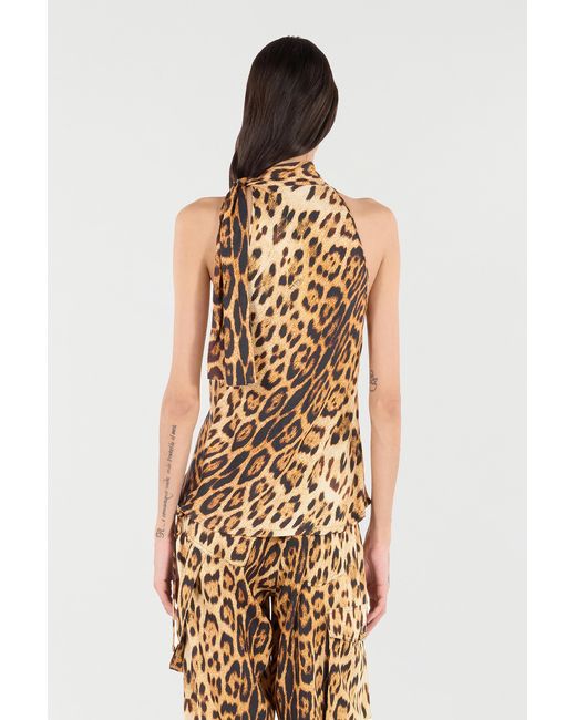 Roberto Cavalli Brown Halterneck Top With Jaguar Skin Print