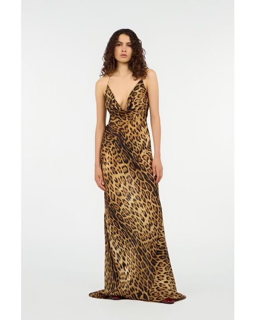 Roberto Cavalli Metallic Long Silk Dress With Jaguar Skin Print