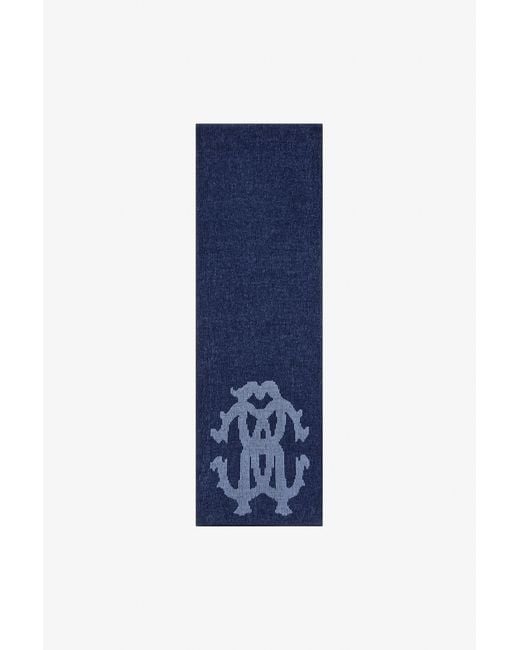 Roberto Cavalli Blue Cotton And Wool Blend Scarf With Rc Monogram for men