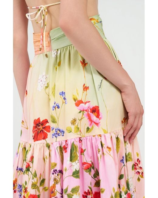 Roberto Cavalli Red Midi Skirt With Miami Flowers Print