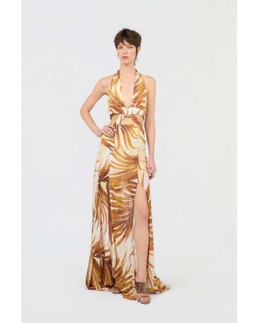 Roberto Cavalli Metallic Golden Palm Print Maxi Dress