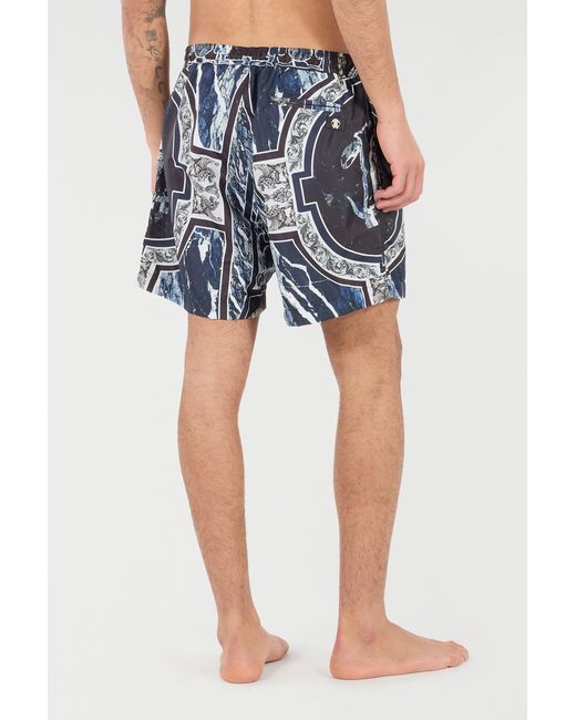 Roberto Cavalli Blue Swim Shorts With Fang And Marble Print for men