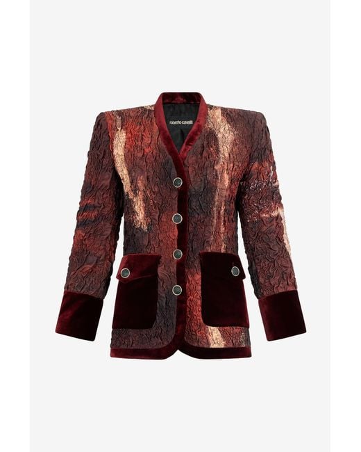 Roberto Cavalli Red Silk Jacket With Marble Print