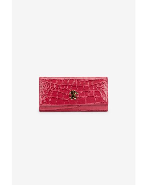 Roberto Cavalli Red Crocodile-Effect Flap Wallet