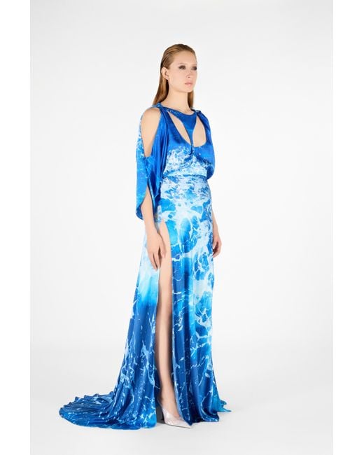 Roberto Cavalli Blue Stretto Di Messina Print Long Dress