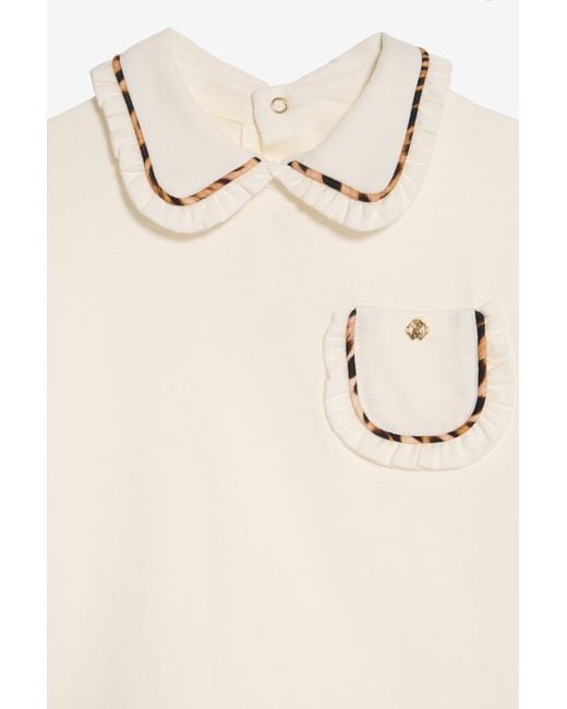 Roberto Cavalli White Ivory T-Shirt With Leopard-Trim Collar
