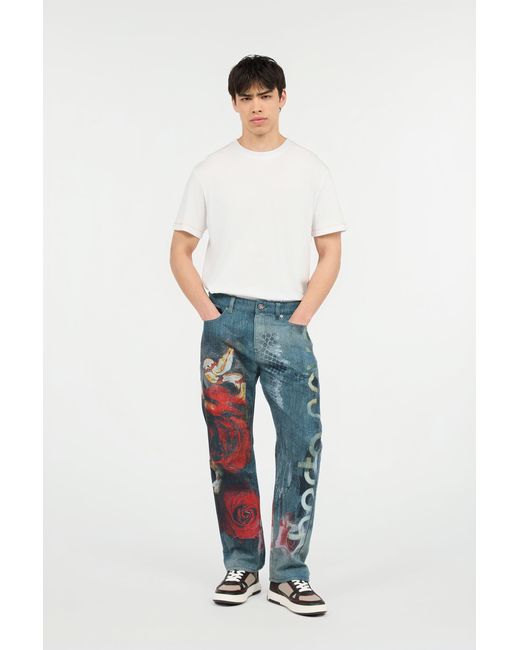 Roberto Cavalli Blue Jeans With Rose And Snake Print for men