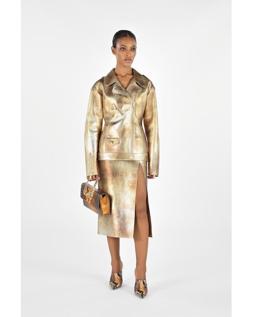 Roberto Cavalli Natural Laminated Leather Biker Jacket