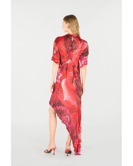 Roberto Cavalli Red Crinkled Asymmetric Dress With Rose Print