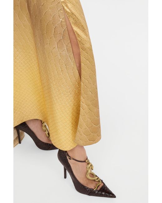 Roberto Cavalli Metallic Golden Silk Maxi Dress With Scale Print