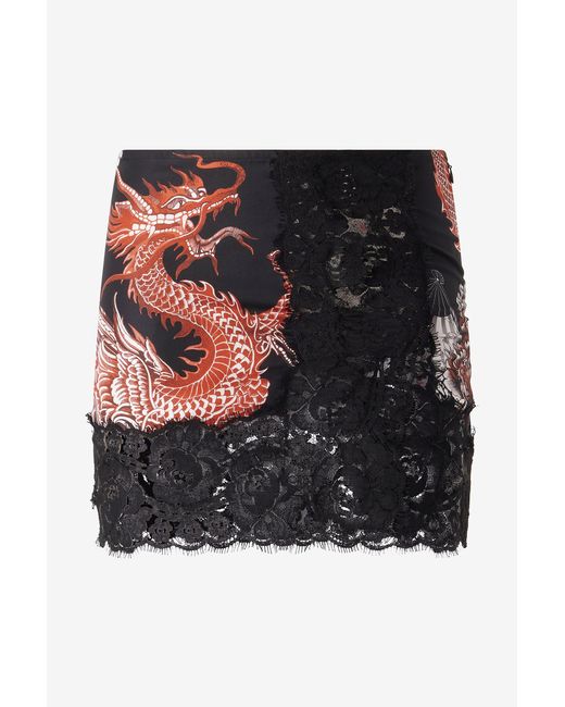 Roberto Cavalli Black Silk Miniskirt With All-Over Dragon