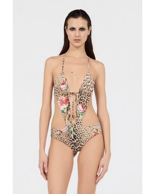Roberto Cavalli White Jaguar Roses Print One-Piece Swimsuit
