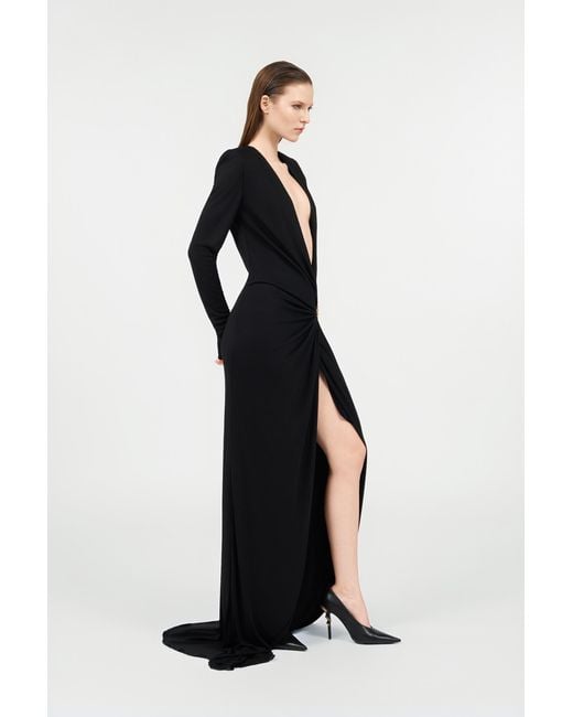 Roberto Cavalli Black Draped Long Dress With Snake Detail